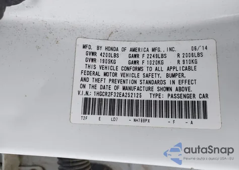 2014 Honda Accord Lx z USA, uszkodzony, nr VIN 1HGCR2F32EA252125